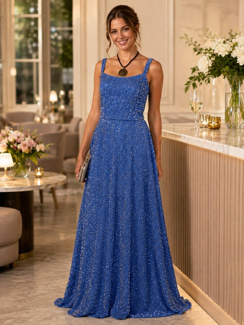 Sparkling Light Blue Sequin Maxi Dress with Thin Straps Formal Plus 20